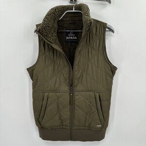Prana Women's Olive Green Encinitas Quilted Vest size S Sherpa Fleece Lining